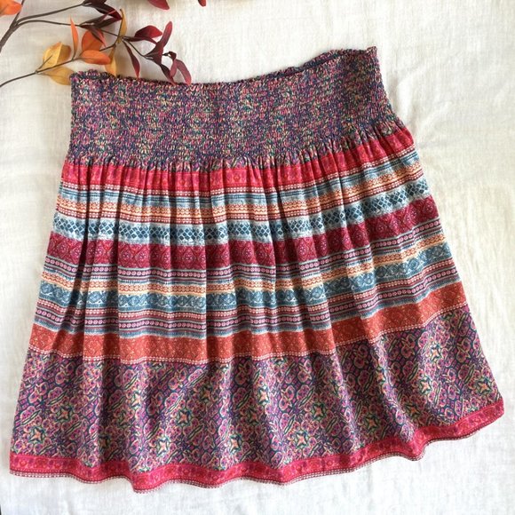 Boho Red Blue Multi-Colored Gypsy Hippie Stretchy Waist Mini Skirt Size L - Picture 2 of 8